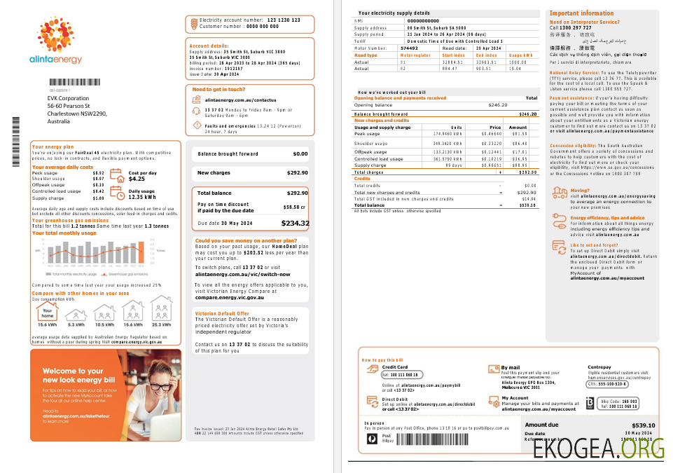 Modèle de facture de services publics d'électricité d'Alinta Energy en Australie au format Word et PDF, 2 pages